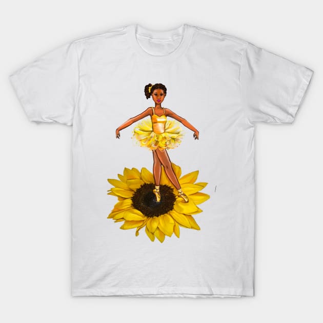 Ballet sunflower dance - black ballerina  in yellow tutu - brown skin ballerina on a flower T-Shirt by Artonmytee